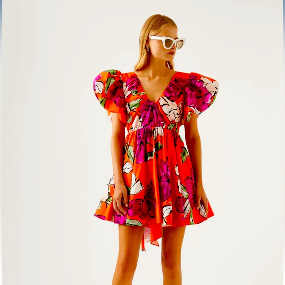 Aje Gretta Floral Bow Poplin Print Mini Dress US 4 / Australian 8